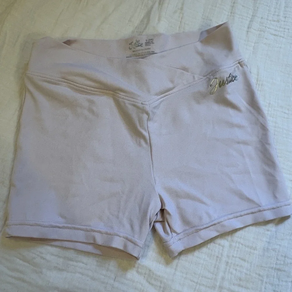 Justice Bike Shorts Crossover Waist Pink Metallic Logo Athletic Girls S 7/8